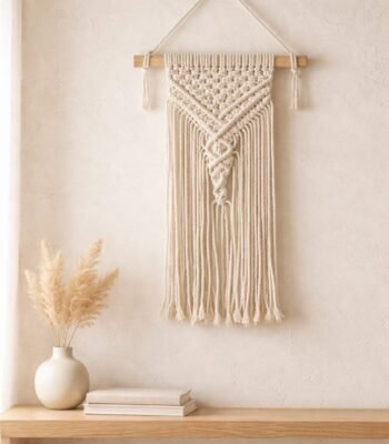 Handmade cream macramé wall hanging with geometric knot design and long flowing fringe