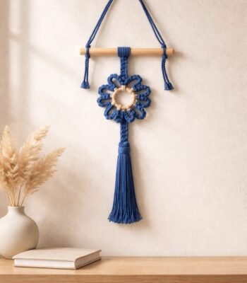 Handmade blue mini macramé flower wall hanging with long tassel
