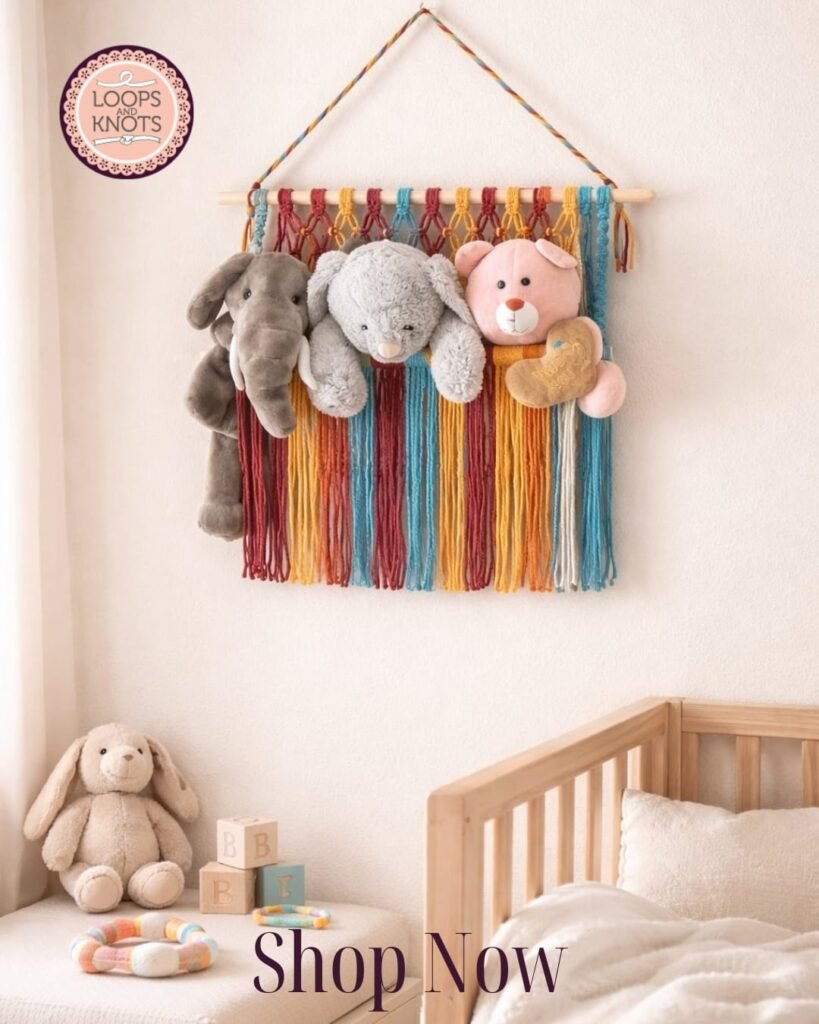 Handmade colourful macramé toy hammock and stuffed animal organizer for nursery