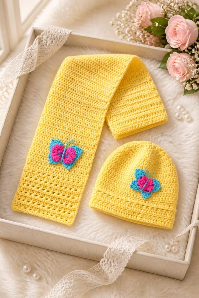 Handmade yellow crochet child muffler and cap set with colourful butterfly appliqué design