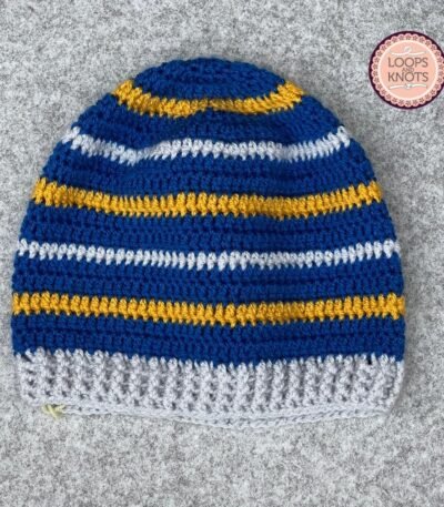 Handmade blue mustard grey and white striped crochet baby beanie cap for winter