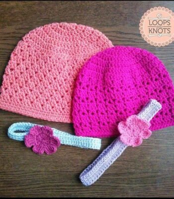Handmade pink crochet baby beanie caps with matching crochet flower headbands