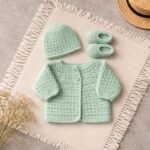 Mint Green Crochet Baby Cardigan, Cap & Booties Set