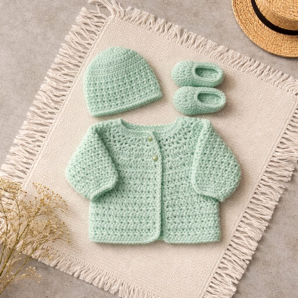 1 Mint Green Crochet Baby Cardigan, Cap & Booties Set - Image 1