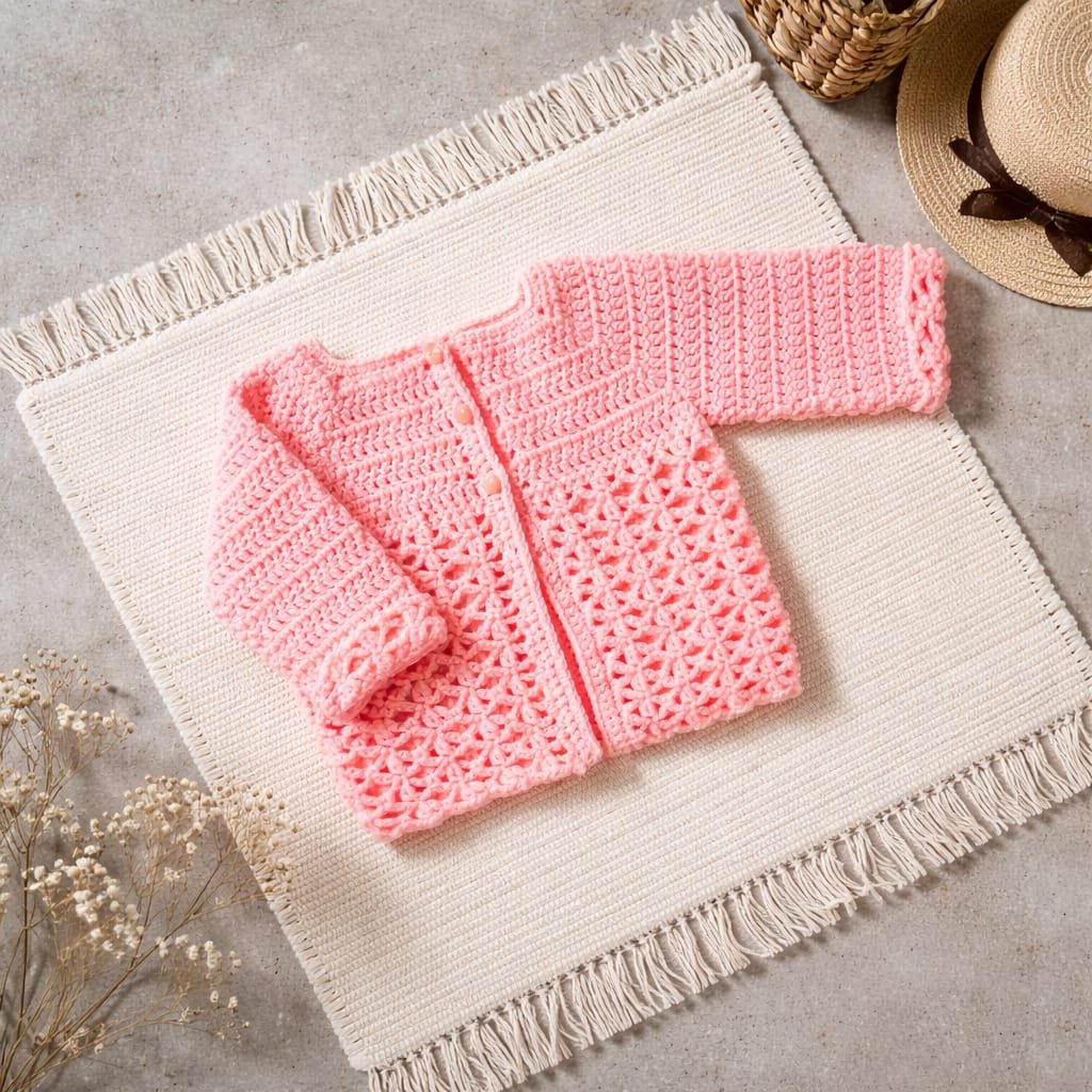 10 Coral Pink Crochet Baby Cardigan with Openwork Design - Image 1