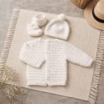 White Crochet Baby Cardigan, Pom-Pom Cap & Booties Set