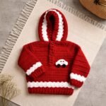 Red & White Crochet Baby Hoodie with Car Applique