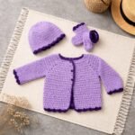 Lilac Purple Crochet Baby Cardigan, Cap & Mittens Set