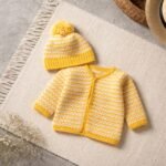 Yellow & White Crochet Baby Cardigan and Pom-Pom Cap Set