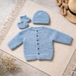 Sky Blue Crochet Baby Cardigan, Cap & Booties Set