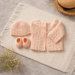 Peach Crochet Baby Cardigan, Cap & Booties Set